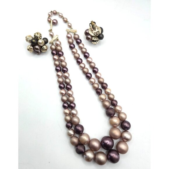 Vintage Japan 2-Strand Graduated Pearl Necklace & Earrings Mauve/Plum Set - Picture 2 of 5